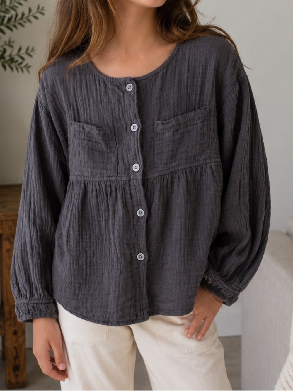 Zara Girls Charcoal Double Gauze Button Blouse Size 10 Coquette Cottage School